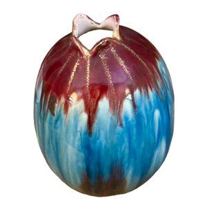 Unique Egg Shaped Blue, Red & Gold Vase